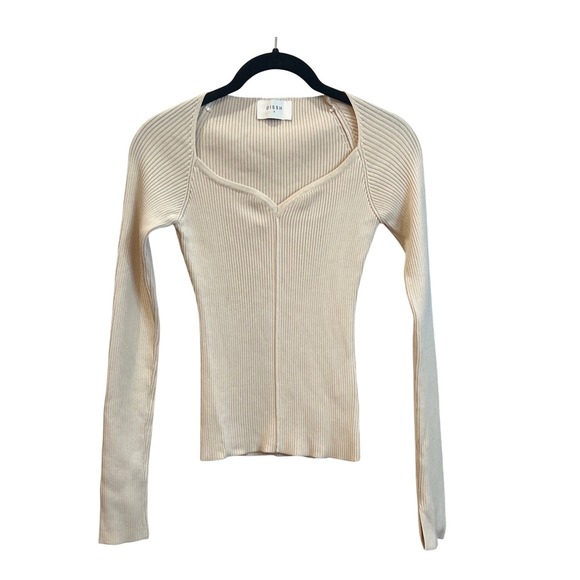 DISSH Cream Ribbed Sweetheart Neck Long Sleeve Fitted Knit Top Size S - Picture 2 of 6